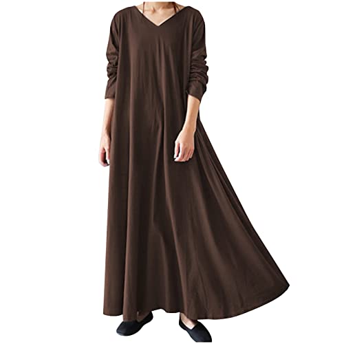 TRIGLICOLEUM Langes Kleid Damen Vintage Einfarbige Winterkleid Lose Baggy Kaftan Langarm V-Ausschnitt Pullover-Kleid Warme Baumwolle Maxikleid Freizeitkleid Tägliches Urlaubskleid Große Größen 5XL von TRIGLICOLEUM