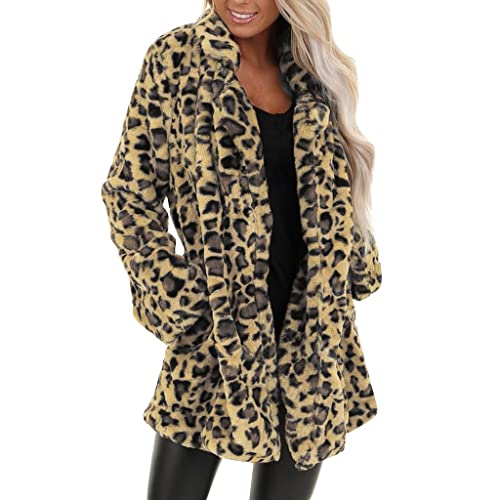 TRIGLICOLEUM Leopard Plüschjacke Damen Mode Oversize Winterjacke Warme Plüsch Jacke Lange Fleecejacke Langarm Übergangsjacke Locker Weicher Plüschmantel Wintermantel Oberbekleidung Mantel für Frauen von TRIGLICOLEUM