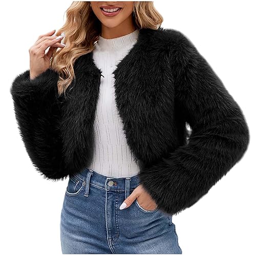 TRIGLICOLEUM Pelzmantel Damen Modische Einfarbig Kurz Kunstpelze Jacke Kunstfell Mantel Kuschelig Fellmantel Dicke Warme Winterjacke Winter Pelzjacke Langarm Wintermantel Felljacke Übergangsjacke von TRIGLICOLEUM