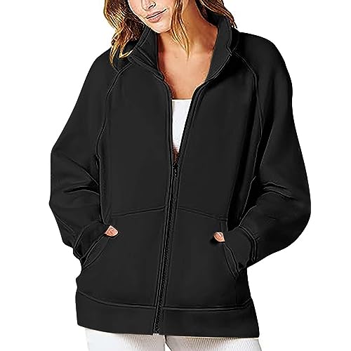TRIGLICOLEUM Sweatjacke Damen ohne Kapuze Herbst Winter Sweatshirt Jacke Einfarbige Reißverschluss Kapuzenpullover Lang Übergangsjacke Mantel Sweatshirtjacke Langarm Oversize Pullover Sportjacke von TRIGLICOLEUM