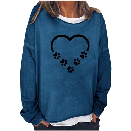 TRIGLICOLEUM Sweatshirt Damen ohne Kapuze Pullover Lässig Liebe Herz Drucken Oberteile mit Hundepfote Langarmshirt in Übergröße Basic Shirt Langarm Rundhals Pulli Tops Bluse Longtops Laufshirt 3XL von TRIGLICOLEUM