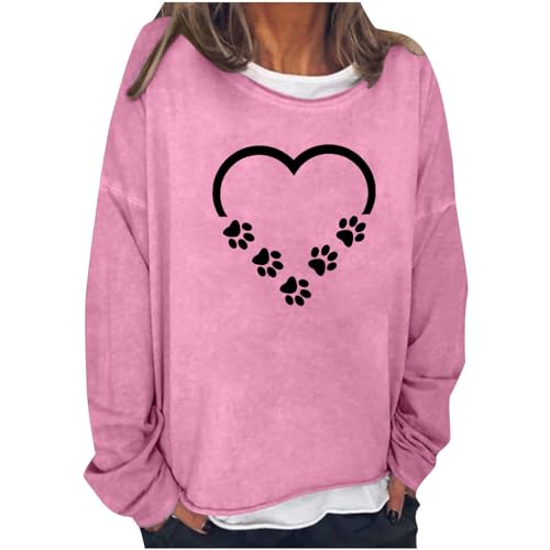 TRIGLICOLEUM Sweatshirt Damen ohne Kapuze Pullover Lässig Liebe Herz Drucken Oberteile mit Hundepfote Langarmshirt in Übergröße Basic Shirt Langarm Rundhals Pulli Tops Bluse Longtops Laufshirt 3XL von TRIGLICOLEUM