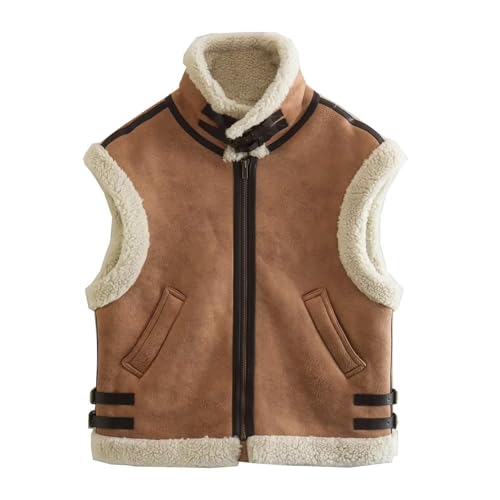 TRIGLICOLEUM Teddy Fleece Weste Damen Herbst Winter Warm Ärmellos Westen Casual Bequem Patchwork Revers Plüsch Weste Kurz Reißverschluss Jacke Lose Jacke Fleeceweste Plüschweste Outwear Westen von TRIGLICOLEUM