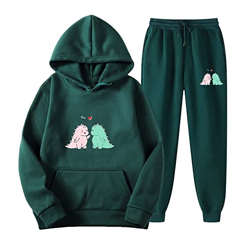 TRIGLICOLEUM Traingsanzug Damen Jogginganzug Kawaii Dinosaurier Hoodie Einfarbige Kapuzenpullover Sportbekleidung mit Tasche Kapuzen Sweatshirt +Lockere Jogginghose Lange Hosen Sportanzug 2 Stück von TRIGLICOLEUM