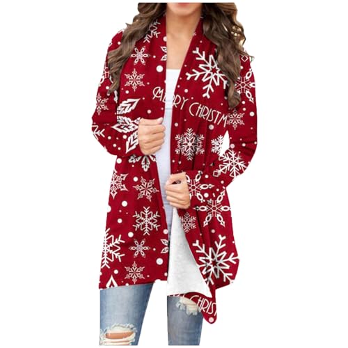 TRIGLICOLEUM Weihnachten Strickjacke Damen Süße Weihnachts Elch Print Cardigan Tops Vorne Offene Langarmshirt Bluse Herbst Winter Bequeme Lange Oberbekleidung Zuknöpfen Sportbekleidung Jacke von TRIGLICOLEUM
