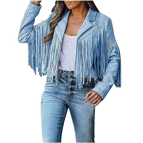 TRIGLIKOLEUM Cowboy Jacke Damen Faux Wildleder Lederjacke mit Quasten Crop Fransen Strickjacke Mantel Freizeit Langarm Übergangsjacke Kurze Fransenjacke Motorradjacke Bikerjacke Outdoor Fransenmantel von TRIGLICOLEUM