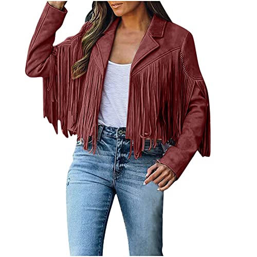 TRIGLIKOLEUM Damen Wildleder Weste Mit Fransen Ethnischen Stil Ärmellose Vest Jacke Große Größen Fransenweste Mantel mit Quasten Herbstjacke Lose Einfarbige Übergangsjacke Mittellange Strickjacke von TRIGLICOLEUM