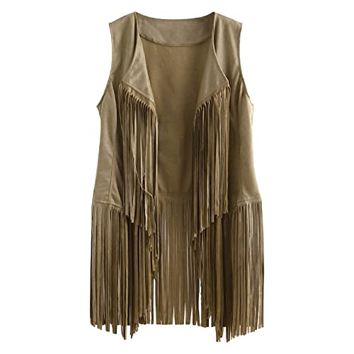 TRIGLICOLEUM TRIGLIKOLEUM Damen Wildleder Weste Mit Fransen Ethnischen Stil Ärmellose Vest Jacke Große Größen Fransenweste Mantel mit Quasten Lose Einfarbige Mittellange Strickjacke, #01 Beige,XXL von TRIGLICOLEUM