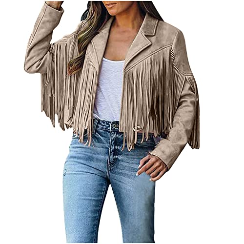 TRIGLIKOLEUM Damen Wildleder Weste Mit Fransen Ethnischen Stil Ärmellose Vest Jacke Große Größen Fransenweste Mantel mit Quasten Herbstjacke Lose Einfarbige Übergangsjacke Mittellange Strickjacke von TRIGLICOLEUM