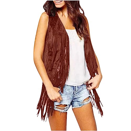 TRIGLIKOLEUM Damen Wildleder Weste Mit Fransen Ethnischen Stil Ärmellose Vest Jacke Große Größen Fransenweste Mantel mit Quasten Herbstjacke Lose Einfarbige Übergangsjacke Mittellange Strickjacke von TRIGLICOLEUM
