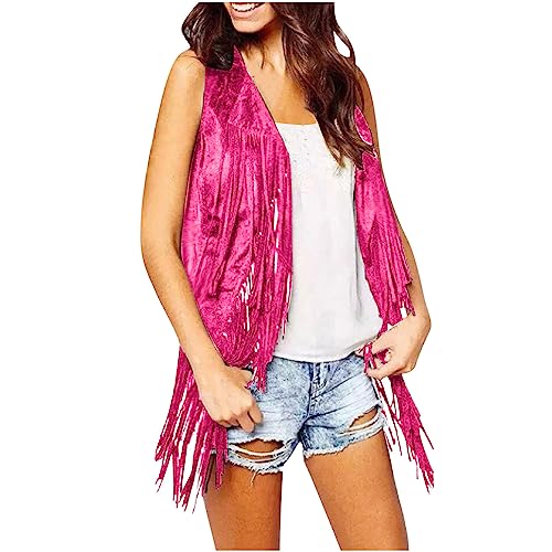TRIGLIKOLEUM Damen Wildleder Weste Mit Fransen Ethnischen Stil Ärmellose Vest Jacke Große Größen Fransenweste Mantel mit Quasten Herbstjacke Lose Einfarbige Übergangsjacke Mittellange Strickjacke von TRIGLICOLEUM
