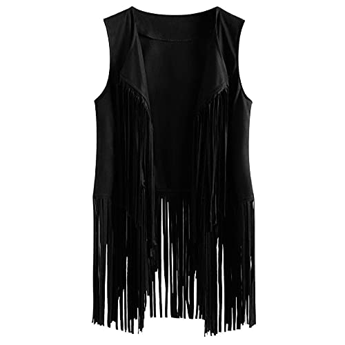 TRIGLIKOLEUM Damen Wildleder Weste Mit Fransen Ethnischen Stil Ärmellose Vest Jacke Große Größen Fransenweste Mantel mit Quasten Herbstjacke Lose Einfarbige Übergangsjacke Mittellange Strickjacke von TRIGLICOLEUM