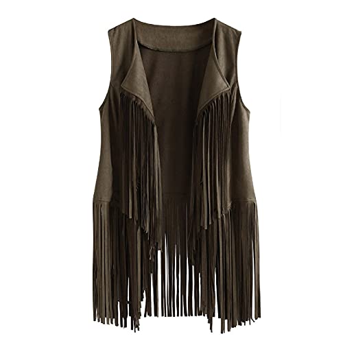 TRIGLIKOLEUM Damen Wildleder Weste Mit Fransen Ethnischen Stil Ärmellose Vest Jacke Große Größen Fransenweste Mantel mit Quasten Herbstjacke Lose Einfarbige Übergangsjacke Mittellange Strickjacke von TRIGLICOLEUM