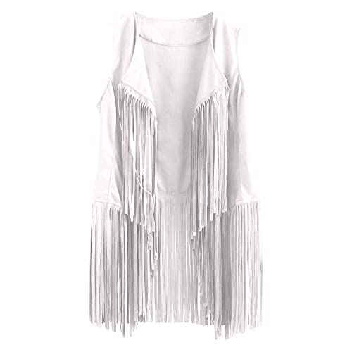 TRIGLICOLEUM Damen Wildleder Weste Fransen Ethnischen Stil Ärmellose Vest Jacke Große Größen Fransenweste Mantel Quasten Herbstjacke Lose Einfarbige Übergangsjacke Mittellange,#01 Weiß,3XL von TRIGLICOLEUM