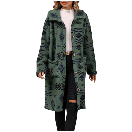 TRIGLIKOLEUM Lange Wintermantel Damen Bedruckte Fleecejacke im Ethno Stil Langärmelige Winterjacke Locker Jacke mit Reverskragen Vintage Einreihige Strickjacke Warme Mantel mit Taschen Outwear von TRIGLICOLEUM