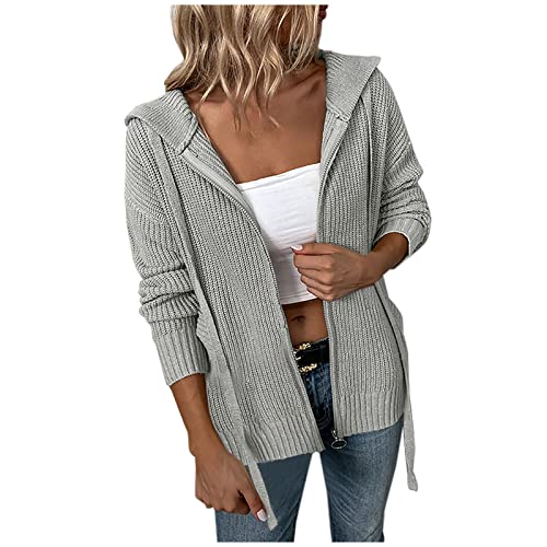 TRIGLIKOLEUM Strickjacke Damen Reißverschluss Sweatjacke Einfarbig Strick Cardigan Kapuzenjacke mit Langen Ärmeln Jacke mit Kapuze Herbst Winter Leichte Übergangsjacke Gestrickter Mantel Outwear von TRIGLICOLEUM