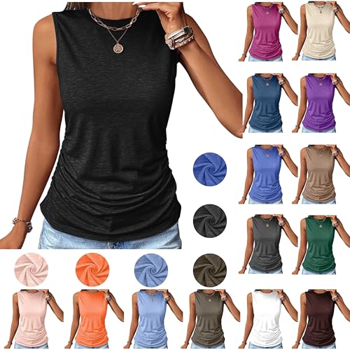 Tank Top Damen, Damen Tank Top Ärmellos Oberteile Ruched Große Größen Blusentop Sommer Rundhals Tanktop Casual T Shirt Basic Stretch Tops Baumwolle Vest Top Einfarbig Bluse Locker Tanktops Frauen von TRIGLICOLEUM