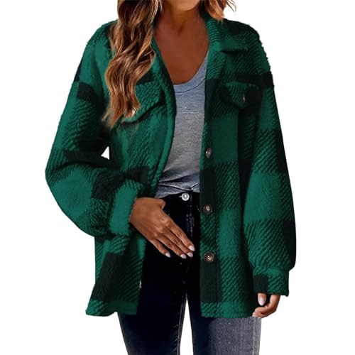 Teddyjacke Damen Karierte Fleecejacke Knöpfen Hemdjacke Winterjacke Große Größen Kuscheljacke Shacket Warme Plüschjacke Teddyfleece Jacke Winter Karohemd Wintermantel Langarm Übergangsjacke Mantel von TRIGLICOLEUM