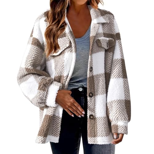 Teddyjacke Damen Karierte Fleecejacke Knöpfen Hemdjacke Winterjacke Große Größen Kuscheljacke Shacket Warme Plüschjacke Teddyfleece Jacke Winter Karohemd Wintermantel Langarm Übergangsjacke Mantel von TRIGLICOLEUM