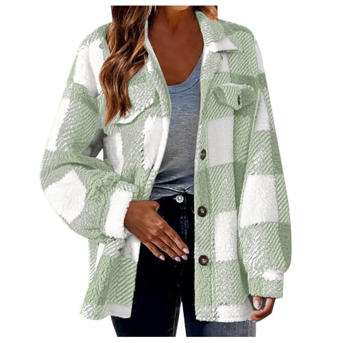 Teddyjacke Damen Karierte Fleecejacke Knöpfen Hemdjacke Winterjacke Große Größen Kuscheljacke Shacket Warme Plüschjacke Teddyfleece Jacke Winter Karohemd Wintermantel Langarm Übergangsjacke Mantel von TRIGLICOLEUM