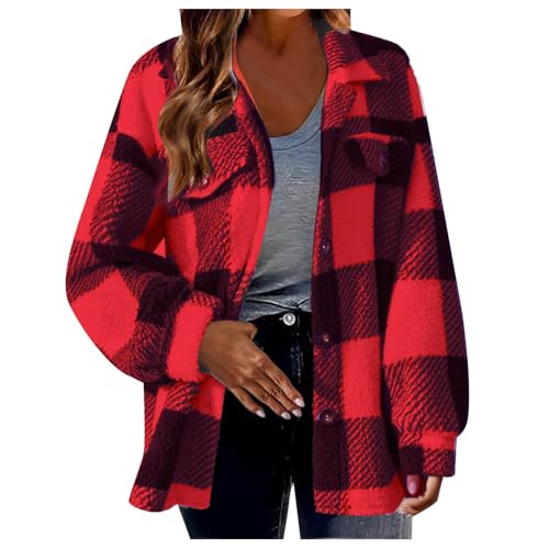 Teddyjacke Damen Karierte Fleecejacke Knöpfen Hemdjacke Winterjacke Große Größen Kuscheljacke Shacket Warme Plüschjacke Teddyfleece Jacke Winter Karohemd Wintermantel Langarm Übergangsjacke Mantel von TRIGLICOLEUM