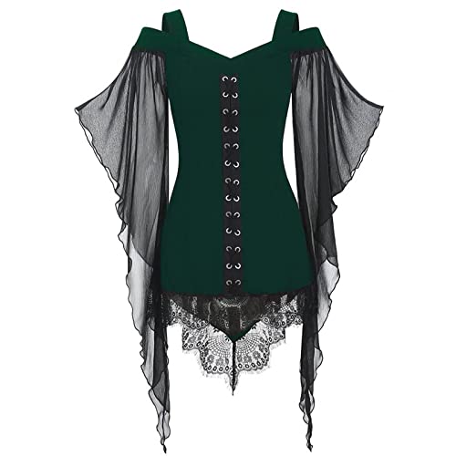 Top Damen Punk Einfarbige Oberteile Halloween Kostüm Retro Schulterfreie Bluse Schmetterlingsärmeln Tshirt Tunika mit Riemen Unregelmäßigem Saum Hemd Gothic Festliche Kleidung Geschenk für Frauen von TRIGLICOLEUM