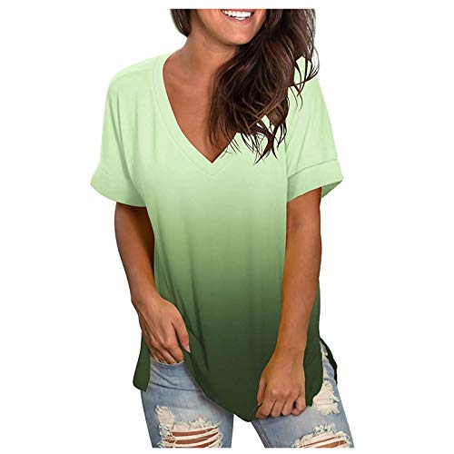 Tops für Damen Tshirt Mode Farbverlauf Tunika V-Ausschnitt Kurzarm T-Shirt Einfarbig Longbluse Locker Longtops Pullover T Shirts Ärmellos Tanktop Basic Shirt Blusen & Tuniken für Damen Große Größen von TRIGLICOLEUM