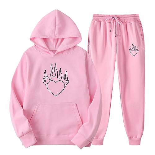 Trainingsanzug Damen Mode Liebe Herz Drucken Hoodie Jogginganzug Langarm Kapuzenpullove Sportanzug Trainingsjacke Anzug Sportbekleidung mit Tasche Kapuzen Sweatshirt + Lose Jogginghose Lange Hosen von TRIGLICOLEUM