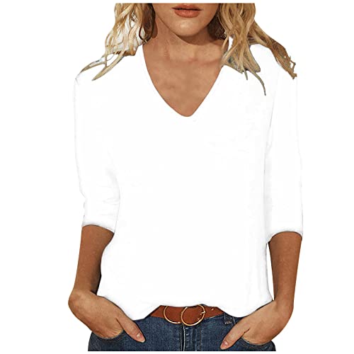 Tshirt Damen Oberteile 3/4 Arm Shirt Einfarbig V-Ausschnitt Pullover Sommer Bluse Tunika T-Shirt Bequeme Casual Longtops Locker Blusen T Shirts Longbluse Tops Damenblusen Langarmshirt Blusenshirt von TRIGLICOLEUM