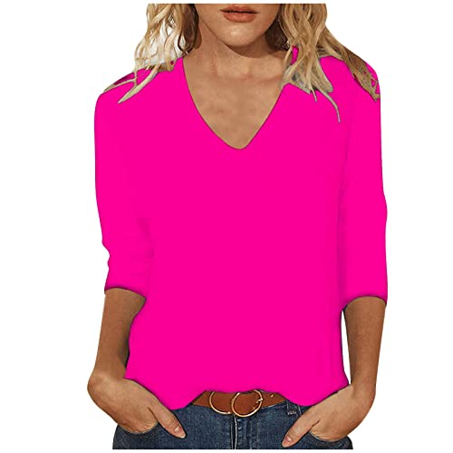 Tshirt Damen Oberteile 3/4 Arm Shirt Einfarbig V-Ausschnitt Pullover Sommer Bluse Tunika T-Shirt Bequeme Casual Longtops Locker Blusen T Shirts Longbluse Tops Damenblusen Langarmshirt Blusenshirt von TRIGLICOLEUM