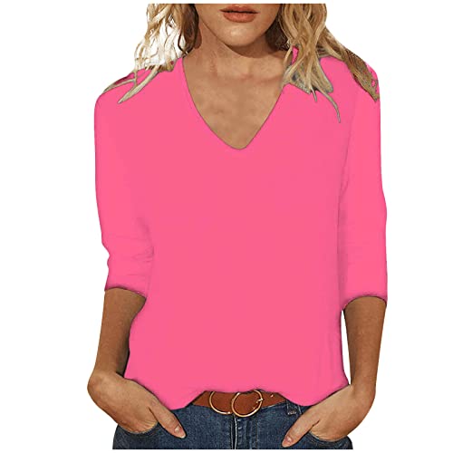 Tshirt Damen Oberteile 3/4 Arm Shirt Slim Fit Einfarbig Bluse V-Ausschnitt Pullover Sommer Tops Tunika T-Shirt Bequeme Casual Longtops Blusen T Shirts Longbluse Damenblusen Blusenshirt Langarmshirt von TRIGLICOLEUM
