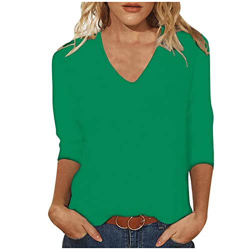 Tshirt Damen Oberteile 3/4 Arm Shirt Slim Fit Einfarbig Bluse V-Ausschnitt Pullover Sommer Tops Tunika T-Shirt Bequeme Casual Longtops Blusen T Shirts Longbluse Damenblusen Blusenshirt Langarmshirt von TRIGLICOLEUM