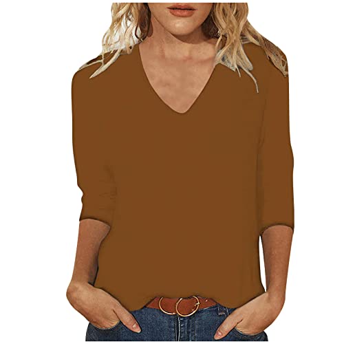 Tshirt Damen Oberteile 3/4 Arm Shirt Slim Fit Einfarbig Bluse V-Ausschnitt Pullover Sommer Tops Tunika T-Shirt Bequeme Casual Longtops Blusen T Shirts Longbluse Damenblusen Blusenshirt Langarmshirt von TRIGLICOLEUM