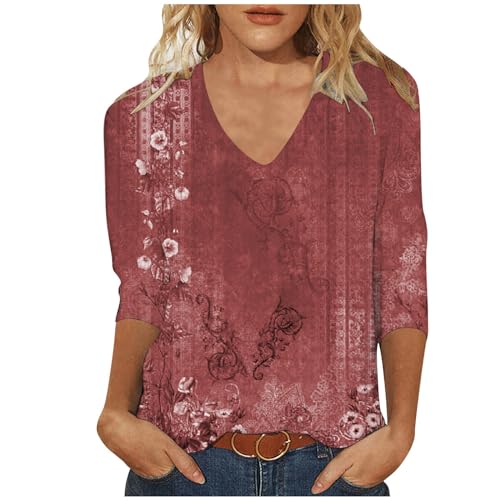 Tshirt Damen Oberteile 3/4 Arm Shirt Slim Fit Einfarbig Bluse V-Ausschnitt Pullover Sommer Tops Tunika T-Shirt Bequeme Casual Longtops Blusen T Shirts Longbluse Damenblusen Blusenshirt Langarmshirt von TRIGLICOLEUM