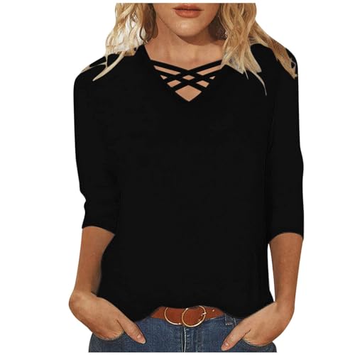 Tshirt Damen Oberteile 3/4 Arm Shirt Slim Fit Einfarbig Bluse V-Ausschnitt Pullover Sommer Tops Tunika T-Shirt Bequeme Casual Longtops Blusen T Shirts Longbluse Damenblusen Blusenshirt Langarmshirt von TRIGLICOLEUM