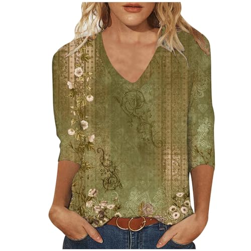 Tshirt Damen Oberteile 3/4 Arm Shirt Slim Fit Einfarbig Bluse V-Ausschnitt Pullover Sommer Tops Tunika T-Shirt Bequeme Casual Longtops Blusen T Shirts Longbluse Damenblusen Blusenshirt Langarmshirt von TRIGLICOLEUM