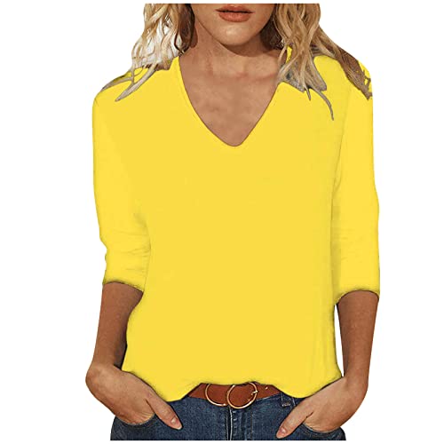 Tshirt Damen Oberteile 3/4 Arm Shirt Slim Fit Einfarbig Bluse V-Ausschnitt Pullover Sommer Tops Tunika T-Shirt Bequeme Casual Longtops Blusen T Shirts Longbluse Damenblusen Blusenshirt Langarmshirt von TRIGLICOLEUM