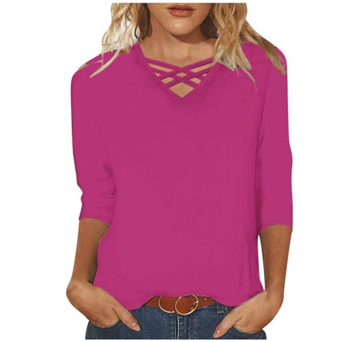 Tshirt Damen Oberteile 3/4 Arm Shirt Slim Fit Einfarbig Bluse V-Ausschnitt Pullover Sommer Tops Tunika T-Shirt Bequeme Casual Longtops Blusen T Shirts Longbluse Damenblusen Blusenshirt Langarmshirt von TRIGLICOLEUM