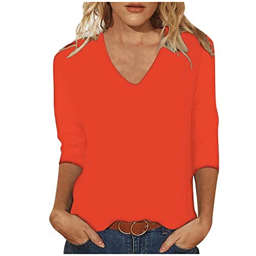 Tshirt Damen Oberteile 3/4 Arm Shirt Slim Fit Einfarbig Bluse V-Ausschnitt Pullover Sommer Tops Tunika T-Shirt Bequeme Casual Longtops Blusen T Shirts Longbluse Damenblusen Blusenshirt Langarmshirt von TRIGLICOLEUM