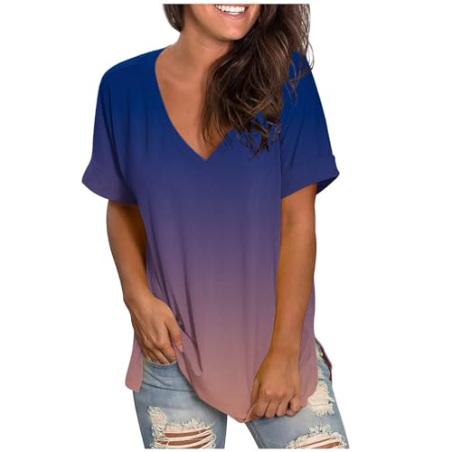 Tshirt Damen Oberteile Farbverlauf Bluse V-Ausschnitt Kurzarm T-Shirt Locker Longbluse Sommer Tunika Tops Pullover Mode Shirts Große Größen Blusen & Tuniken für Damen Mädchen Longtops Longbluse von TRIGLICOLEUM