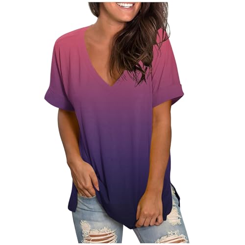 Tshirt Damen Oberteile Farbverlauf Bluse V-Ausschnitt Kurzarm T-Shirt Locker Longbluse Sommer Tunika Tops Pullover Mode Shirts Große Größen Blusen & Tuniken für Damen Mädchen Longtops Longbluse von TRIGLICOLEUM