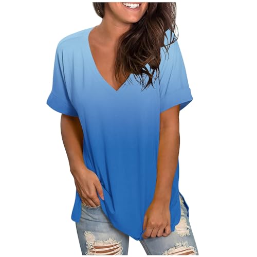 Tshirt Damen Oberteile Farbverlauf Bluse V-Ausschnitt Kurzarm T-Shirt Locker Longbluse Sommer Tunika Tops Pullover Mode Shirts Große Größen Blusen & Tuniken für Damen Mädchen Longtops Longbluse von TRIGLICOLEUM