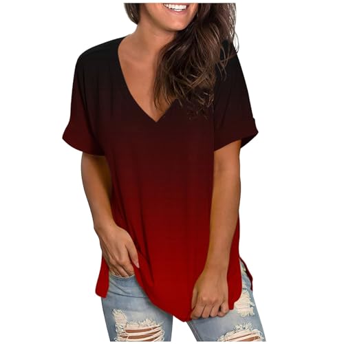 Tshirt Damen Oberteile Farbverlauf Bluse V-Ausschnitt Kurzarm T-Shirt Locker Longbluse Sommer Tunika Tops Pullover Mode Shirts Große Größen Blusen & Tuniken für Damen Mädchen Longtops Longbluse von TRIGLICOLEUM