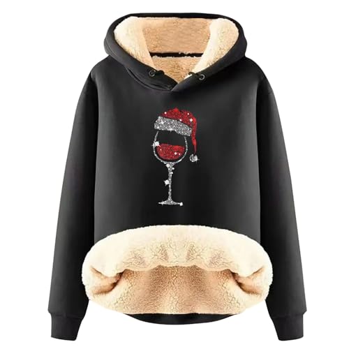 Weihnachtspullover Damen Fleece Pullover Hoodie Gefütterte Fleecepullover Rot Weinglas Sweatshirt mit Kapuze Yes,I'm Still Freezing Kapuzenpullover Winter Langarmshirt Liebe Herz Drucken Teddyjacke von TRIGLICOLEUM
