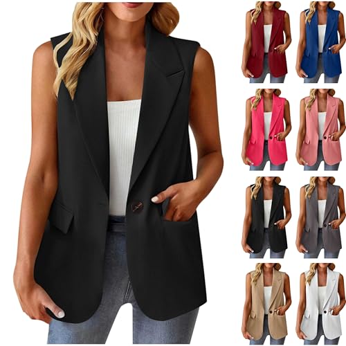 Weste Damen Ärmellos Blazer Sportlich Elegant Einfarbig Anzug Jacke Open Front Longblazer Büro Anzugjacke Knöpfen Leichte Anzugweste Revers Sweatblazer Sakko Freizeit Business Jackett mit Taschen von TRIGLICOLEUM