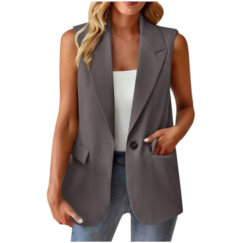 Weste Damen Ärmellos Blazer Sportlich Elegant Einfarbig Anzug Jacke Open Front Longblazer Büro Anzugjacke Knöpfen Leichte Anzugweste Revers Sweatblazer Sakko Freizeit Business Jackett mit Taschen von TRIGLICOLEUM