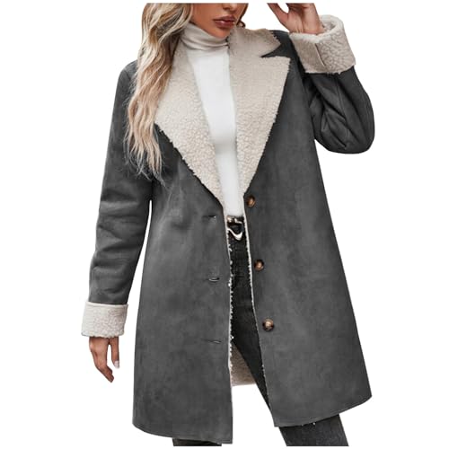 Wildleder Winterjacke Damen Vintage Gefütterte Fleecejacke Einreihige Strickjacke Dicker warmer Wintermantel Umlegekragen Cardigan Jacke Einfarbig Lange Outwear Winter Langarm Mantel Plüschmantel von TRIGLICOLEUM