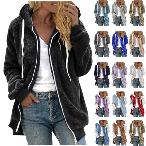 Wintermantel Damen Teddyjacke Hoodie Jacke Reißverschluss Fleecejacke Fleece Winterjacke Kapuzenjacke mit Kapuze Winter Einfarbig Plüschjacke Große Größen Langarm Mantel Übergangsjacke Kuscheligjacke von TRIGLICOLEUM