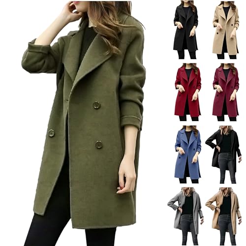 Wollmantel Damen Elegant Einfarbig Trenchcoat Lange Winterjacke Knopf Cardigan Jacke Langarm Wolljacke mit Reverskragen Winter Warme Mantel Übergangsjacke Outwear Slim Wintermantel Damenjacke von TRIGLICOLEUM