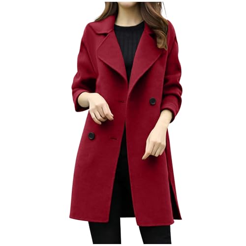 Wollmantel Damen Elegant Einfarbig Trenchcoat Lange Winterjacke Knopf Cardigan Jacke Langarm Wolljacke mit Reverskragen Winter Warme Mantel Übergangsjacke Outwear Slim Wintermantel Damenjacke von TRIGLICOLEUM